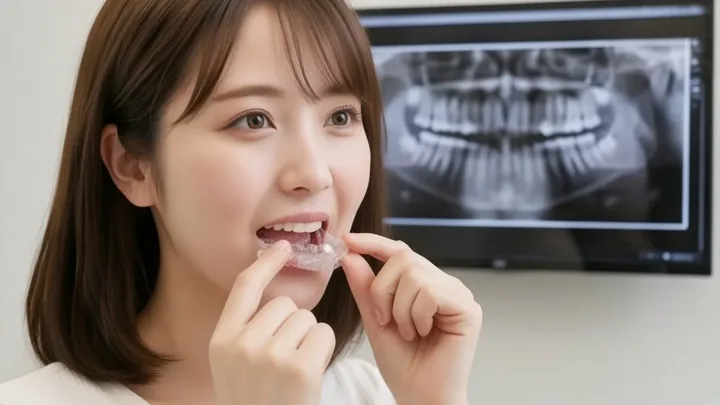 マウスピースを装着する女性と歯のレントゲン画像