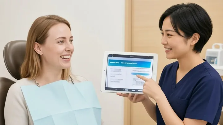 タブレットで治療の説明を受ける外国人の患者さま